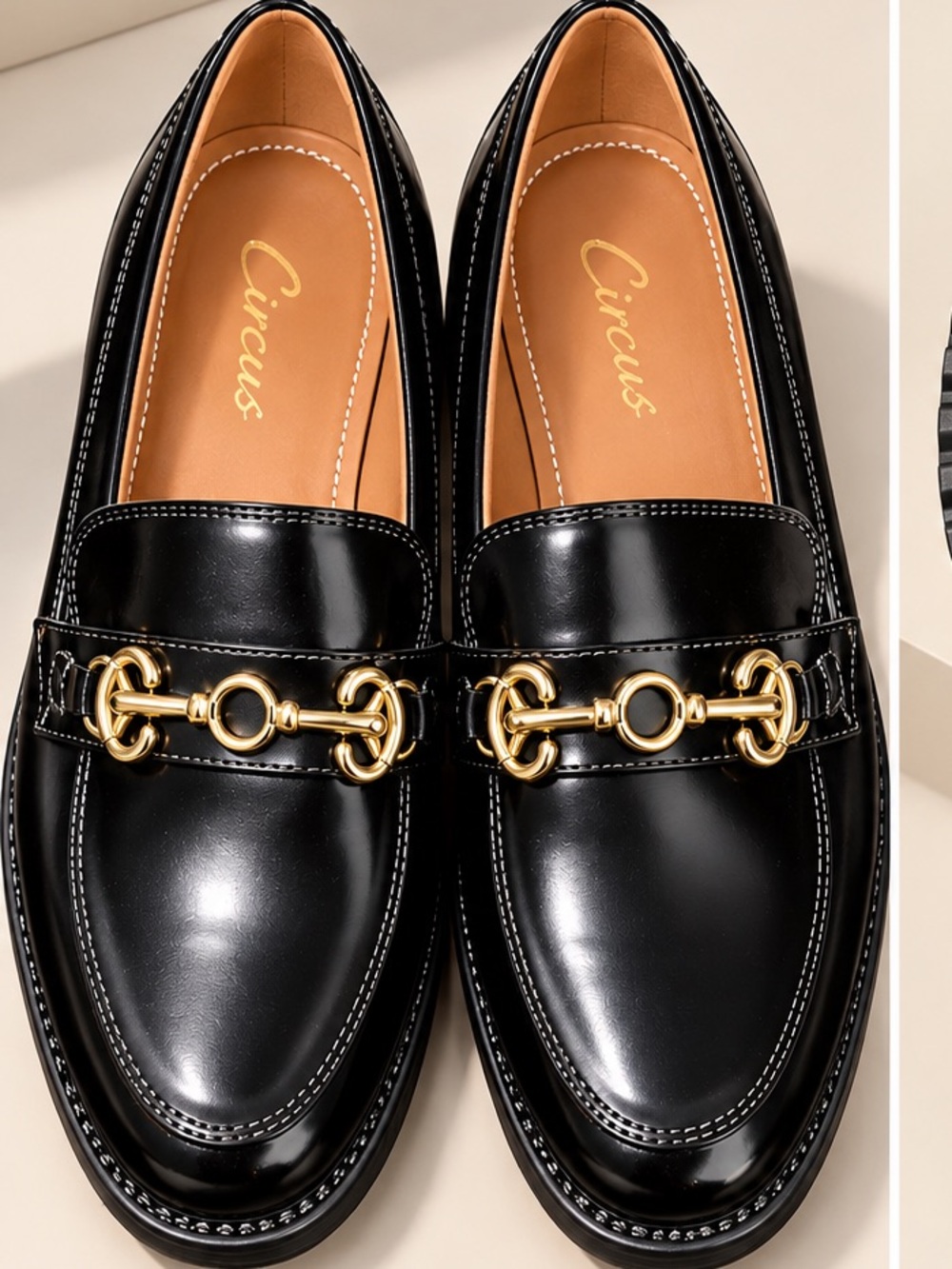 Black Leather Loafers with Gold Horsebit